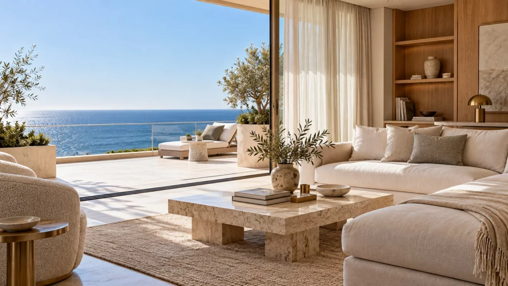 Soggiorno mediterraneo aperto su una terrazza soleggiata con vista mare — immagine illustrativa