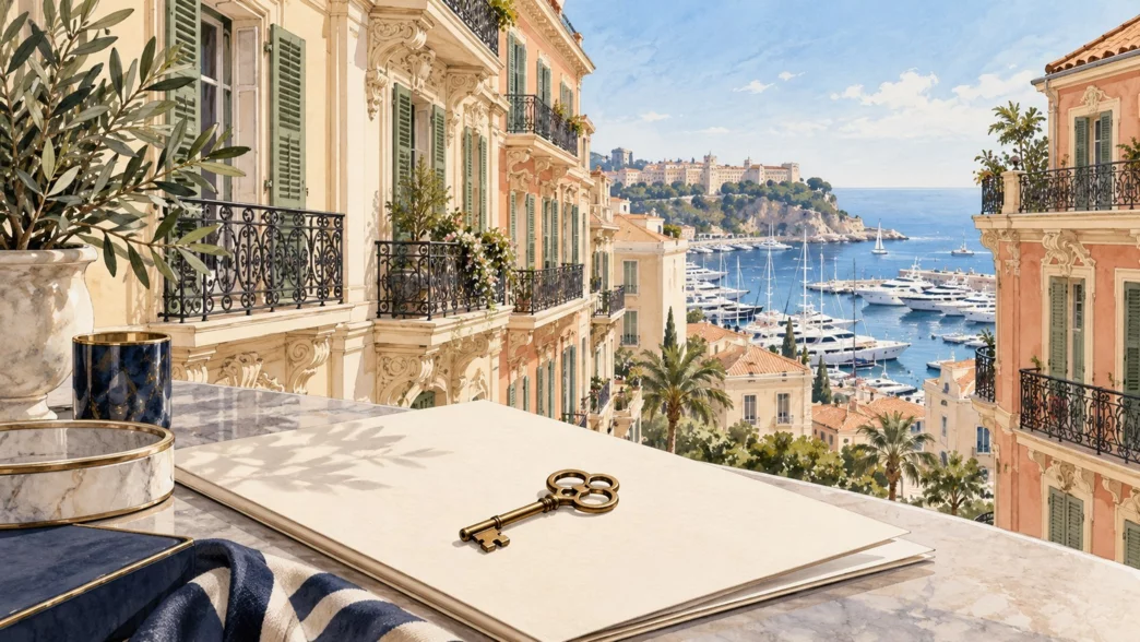 Illustration de façades anciennes à Monaco, avec une clé et un dossier de location au premier plan